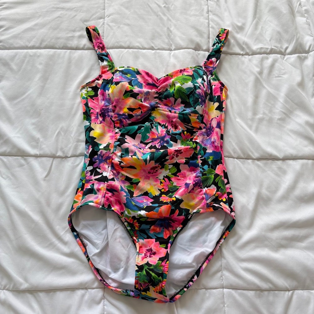Vintage Tropical Floral One Piece Swimsuit Ruched Front Adjustable Straps 12
